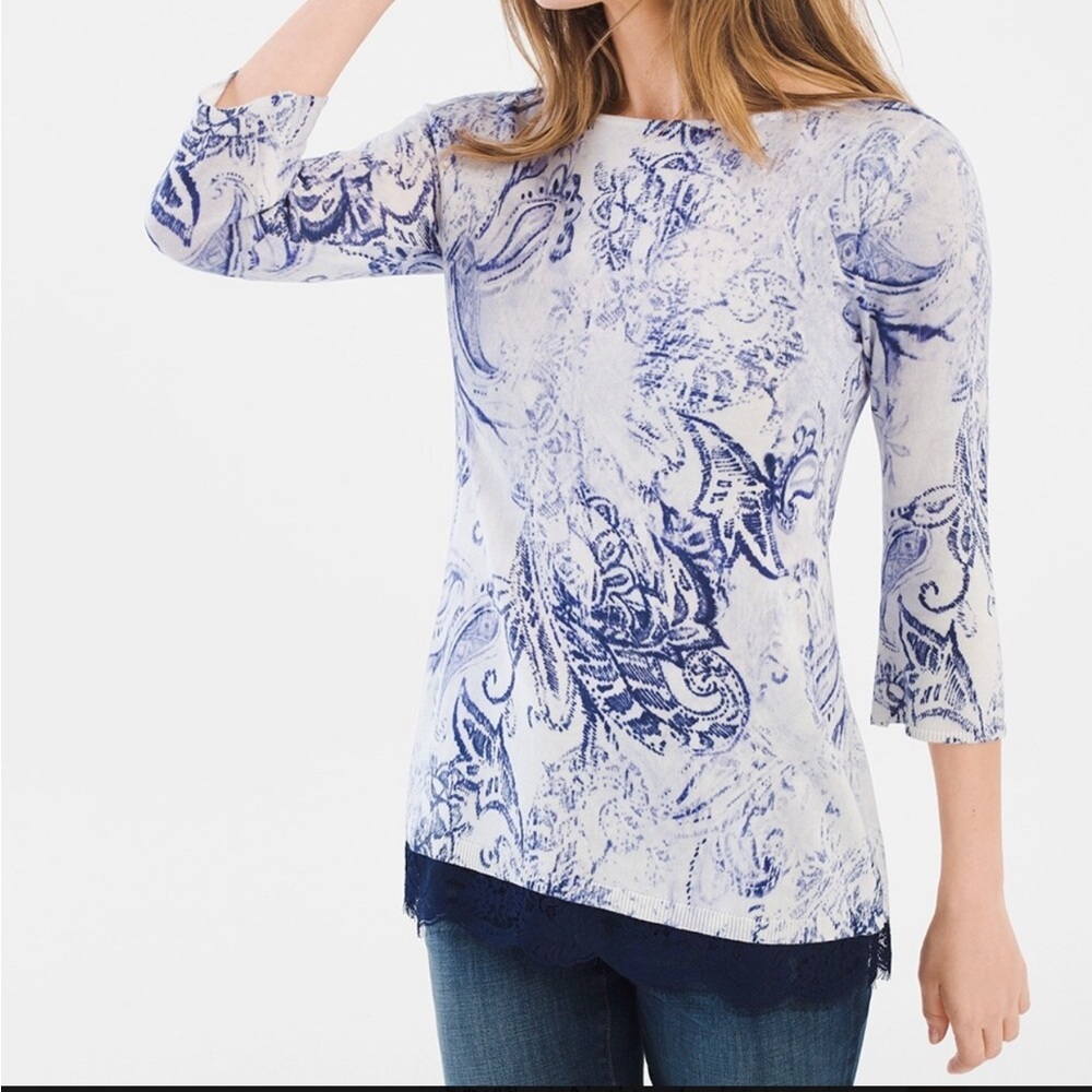 CHICOS Pullover White/Blue Lace 3/4 Sleeve Sweater Size 0